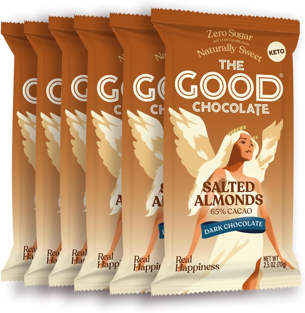 THE GOOD CHOCOLATE – Salted Almonds Dark Chocolate Bars with Zero Sugar & Lower Net Carbs – Keto Chocolate Bar with Lower Calories, All Natural and Non-GMO Keto Snacks, 2.5 oz (6 Bars Value Pack)