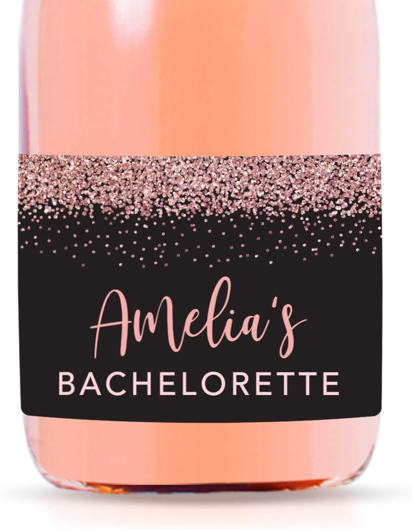 Andaz Press Bridesmaid Proposal Mini Wine Labels For Bottles, Will You Be My Bridesmaid?, Rose Gold Faux Glitter on Black, 20 Pack Custom Mini Champagne Bottles Bulk Waterproof Mini Wine Bottle Labels