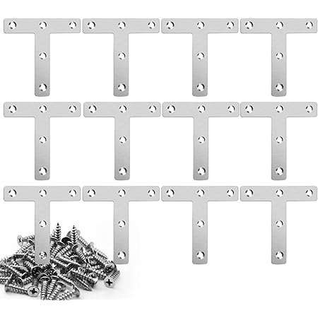 12 Pieces Stainless Steel T Brackets (3.1 x 3.1 inch，80 x 80 mm) Flat Corner Braces, Corner Brackets Joint Right Angle Bracket Mending Repair Plate, 65 Pieces Screws Included