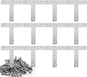 12 Pieces Stainless Steel T Brackets (3.1 x 3.1 inch，80 x 80 mm) Flat Corner Braces, Corner Brackets Joint Right Angle Bracket Mending Repair Plate, 65 Pieces Screws Included