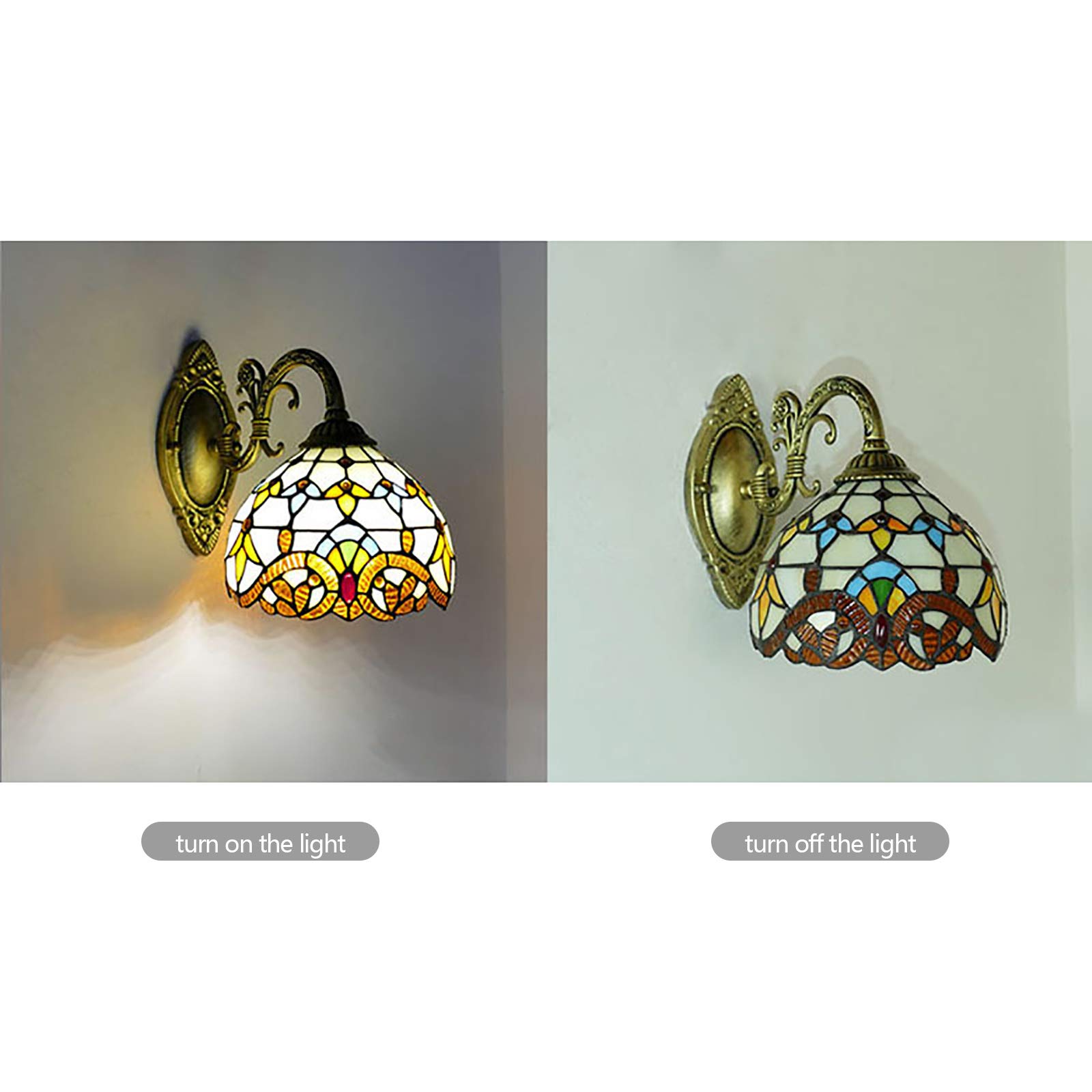 Lámpara de pared retro, estilo rústico Tiffany, lámpara de pared para dormitorio, lámpara de mesita de noche con interruptor de tirador, pantalla de cristal, para salón, estudio, loft comedor, E27