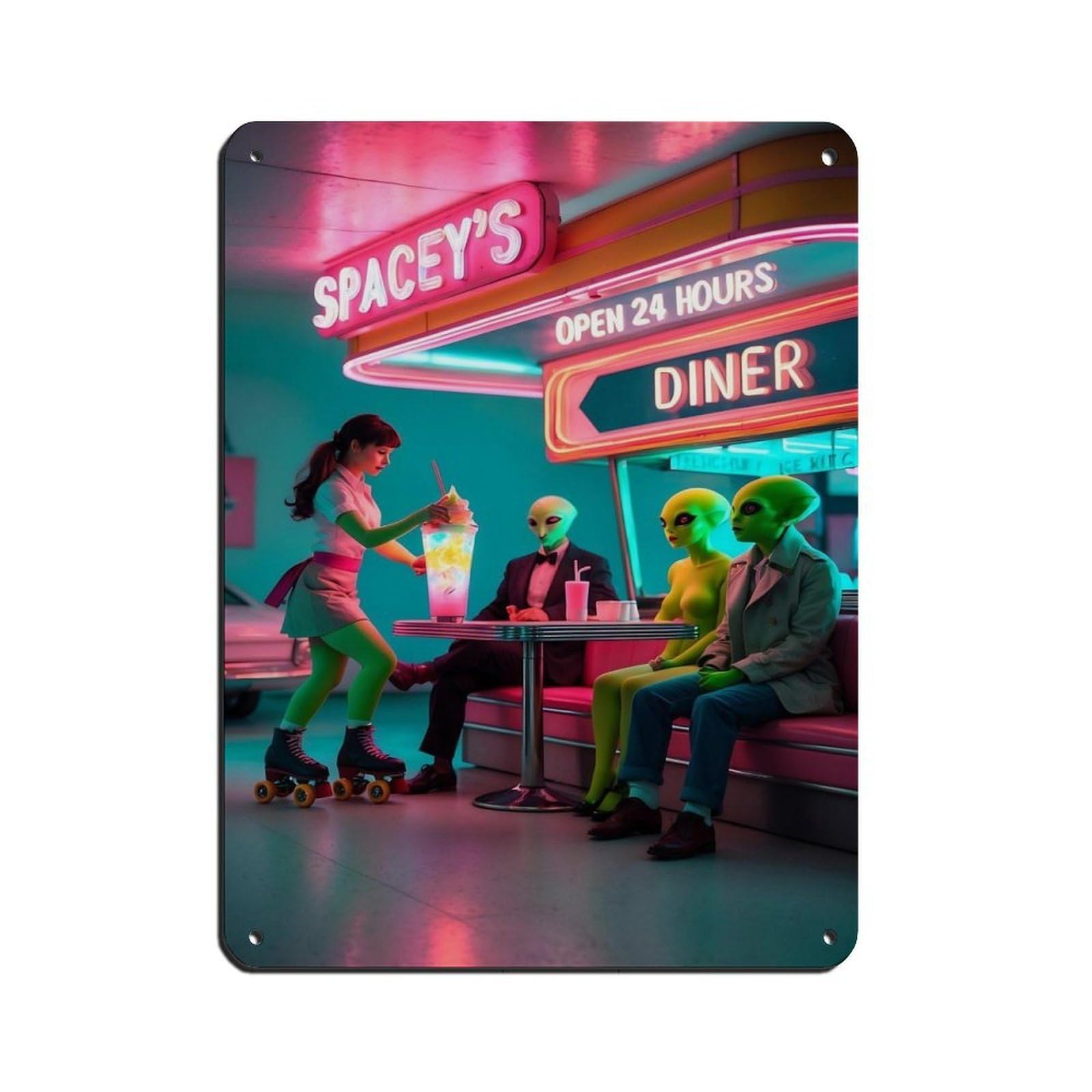 Retro Space Diner Neon Art Retro Poster Metal Tin Sign Chic Art Retro Iron Painting Bar People Cave Cafe Family Garage Poster Wall Decoration 12x16inch(30x40cm)