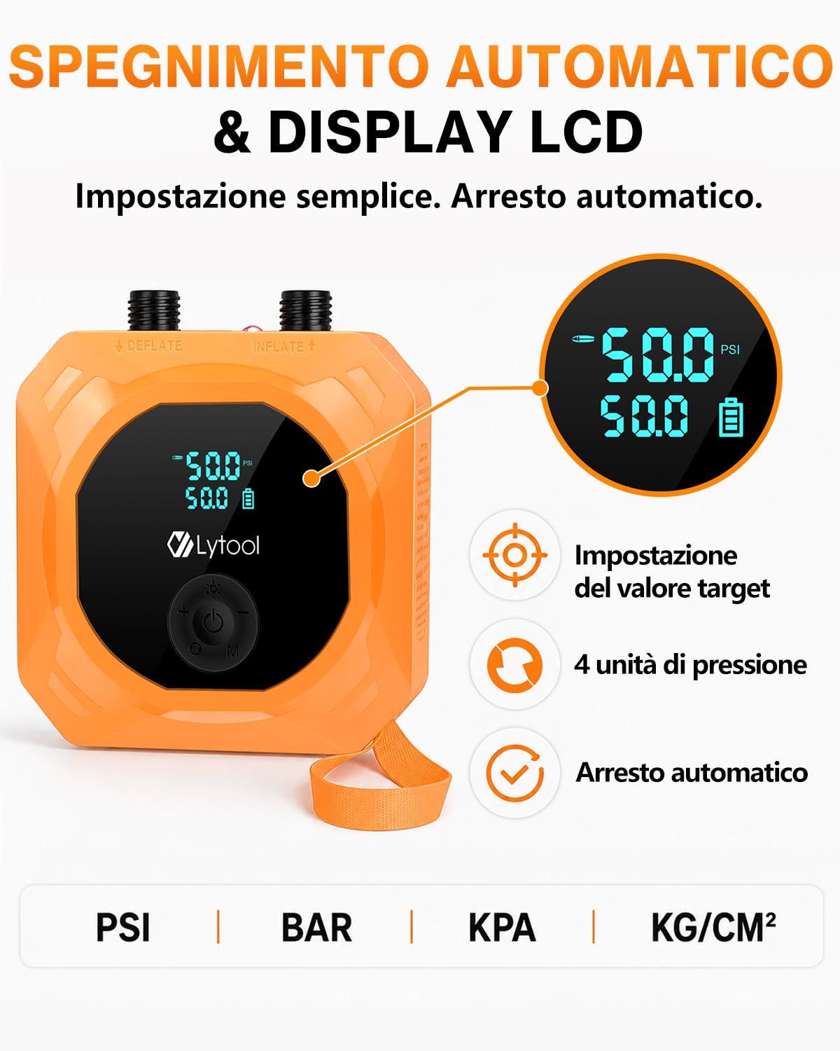 Lytool Pompa SUP Elettrica 50 PSI Alta Pressione,Gonfiatore Paddle 12V DC,Gonfiaggio e Sgonfiaggio Automatico a 3 Stadi,Arresto Automatico,Cavo Accendisigari 3M per Kayak,Materasso,Bici, Moto, Auto