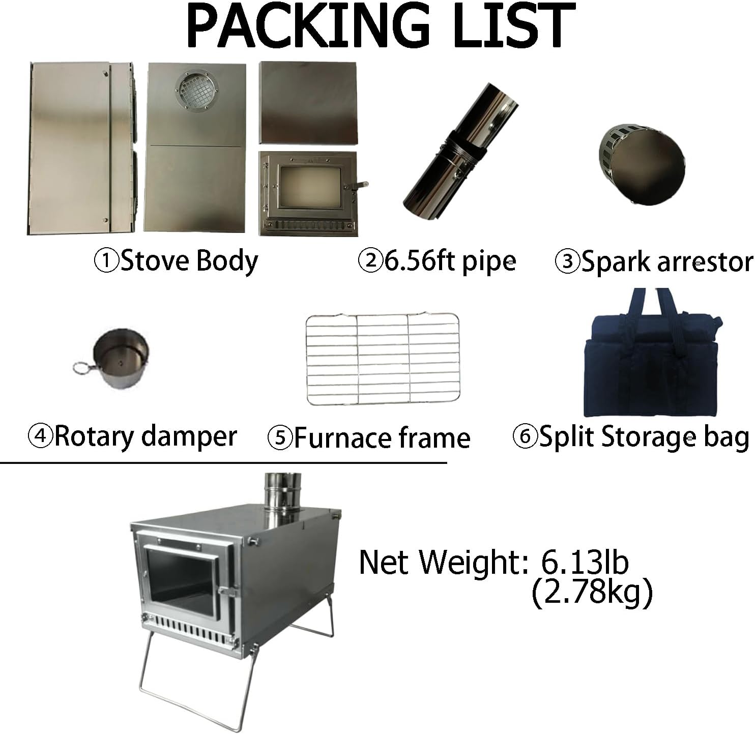 TS01 Portable Camping Wood Stove with 6.56ft Chimney, 304 Stainless Steel Collapsible Hot Tent Stove for Outdoor Glamping, Hunting, Easy Cooking