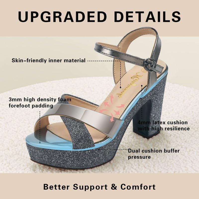 Womens Sparkly Platform Dress Sandals for Women Chunky Block Heel 3.8 Inch High Heels Open Toe with Strap for Women Comfortable Sexy Dressy Prom Wedding Party Evening Shoes - Image 5
