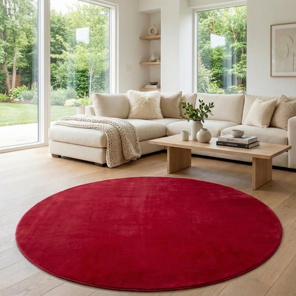 Jimri Flauschiger Teppich Läufer - Hochwertiger Kurzflor für Zuhause, Büro, Küche, Eingang, Flur, Wohnzimmer - Maschinenwaschbar - Rutschfester Teppich Waschbar - 120 cm Rund - Rot