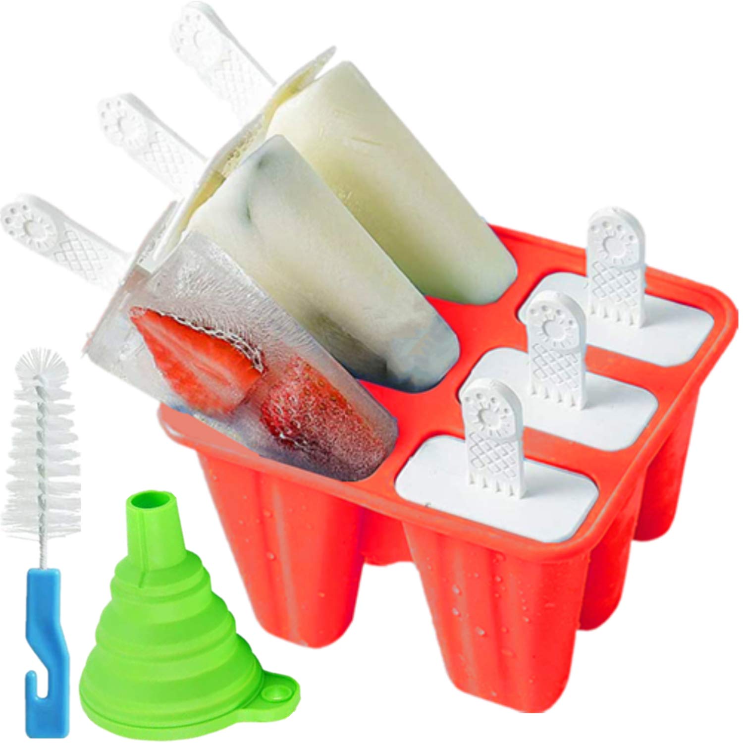 Popsicle Molds ，6 Pieces Silicone Ice Pop Models Popsicle Models Reusable Easy Release Ice Pop Maker (Red)