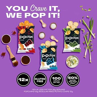 Popchips Potato Chips Variety Pack - Sour Cream & Onion, Sea Salt, BBQ - 0.8 Bags (28-Count) By Veher
