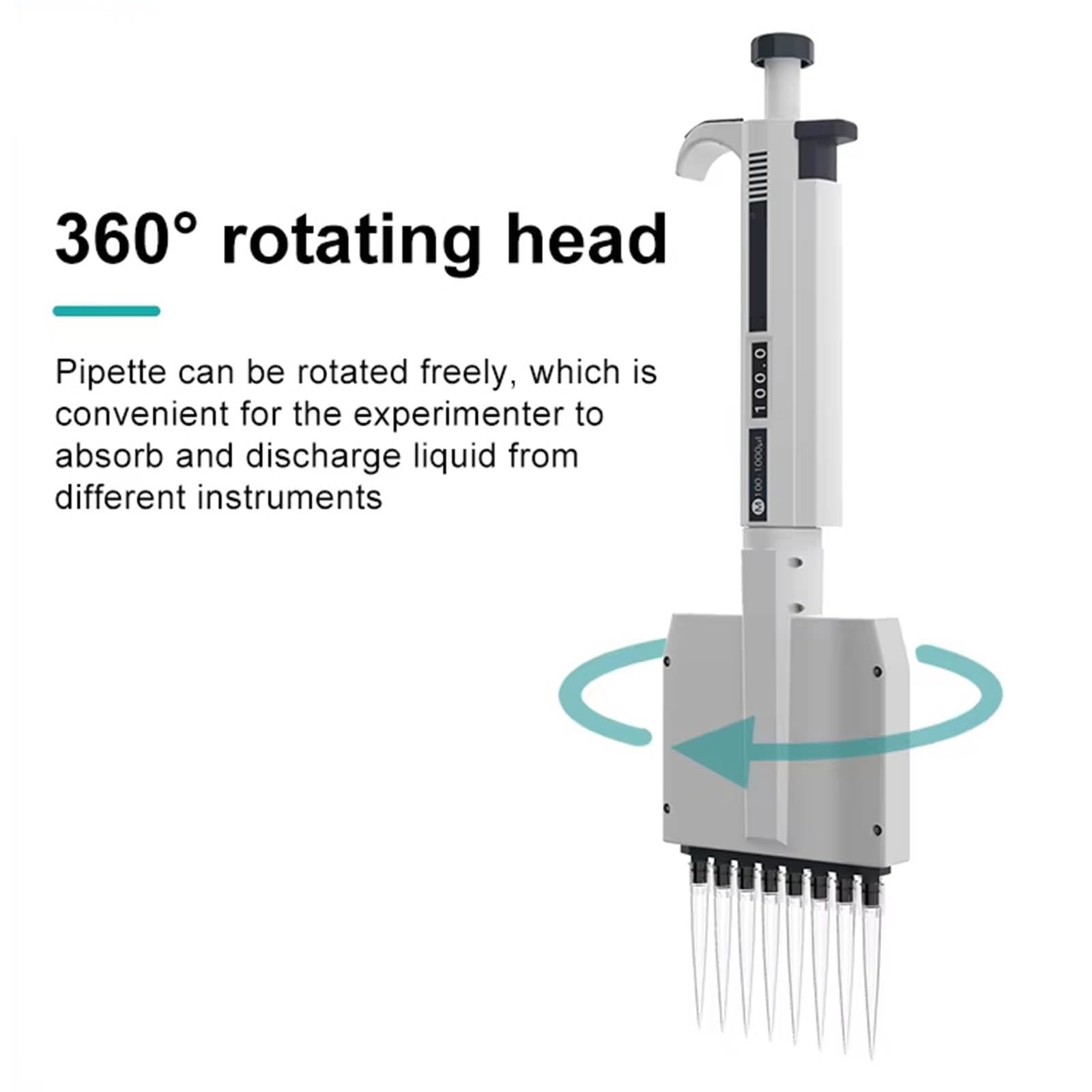 Pipeta de 8 canales, micropipeta multicanal con volumen ajustable manual, alta precisión, ventana digital, transferencia de pipeta de laboratorio de micropipeta ajustable para laboratorio científico