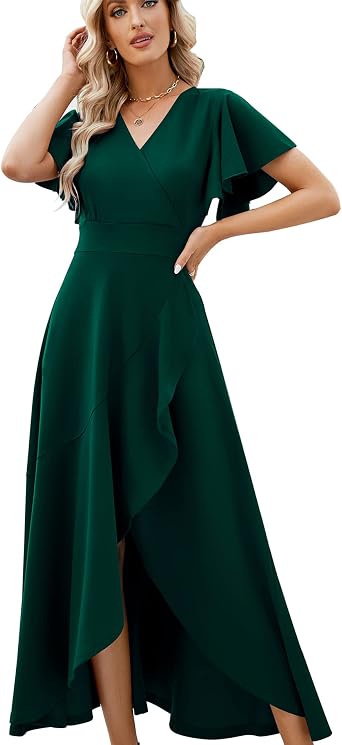 ZZV Formal Dresses for Women Gowns Evening V Neck Wedding Guest Dresses | Ruffle Cocktail Dress Long Wedding Guest Dresses for Women Evening Party