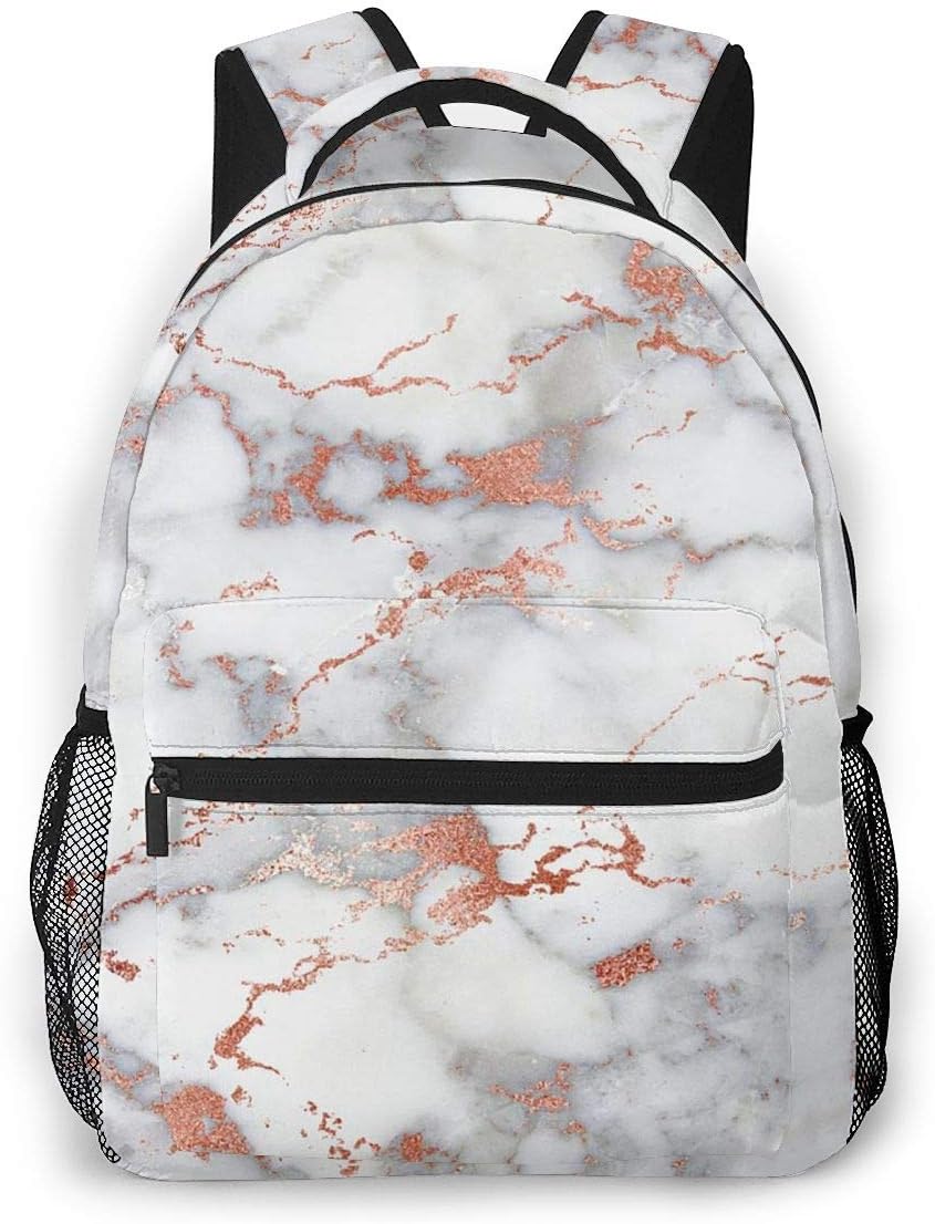 Rose Gold Marble White Backpck, Large Capacity Shoulder Bag Travel and Sport Backpack Rucksack, College School Bookbag Casual Daypack Climbing Shoulder Bag Laptop Backpack