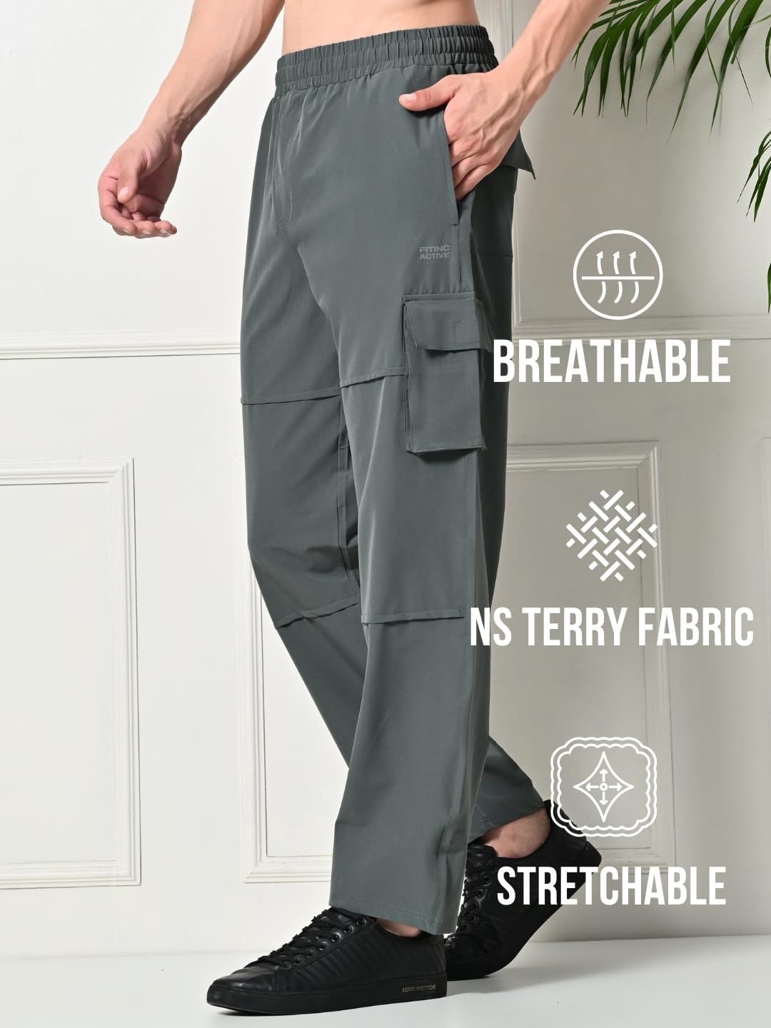 FITINC Stylish NS Lycra Cargo Pants for Men & Boys | All Weather Dry-Fit Track Pants for Man with Utility & Zip Pockets | Lightweight Cargo Lower for Man for Casual Wear β Grey, Medium 2
