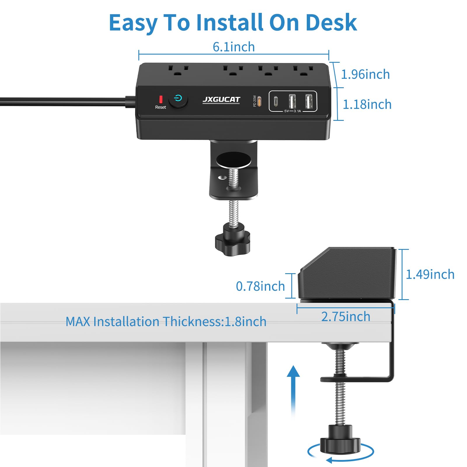 JXGUCAT - Computer-Stromleiste mit PD 20 W USB C, abnehmbarer Überspannungsschutz, Schnellladung, Verlängerungskabel, 3 m, Flachstecker mit 4 Steckdosen, 4 Ports