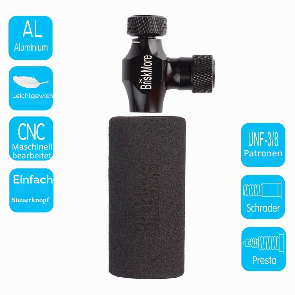 BriskMore CO2 Inflator Kit für Fahrradreifen, Presta- und Schrader-Ventil kompatibel, Fahrradreifenpumpe für Mountain- und Rennräder, inklusive Isoliermanschette