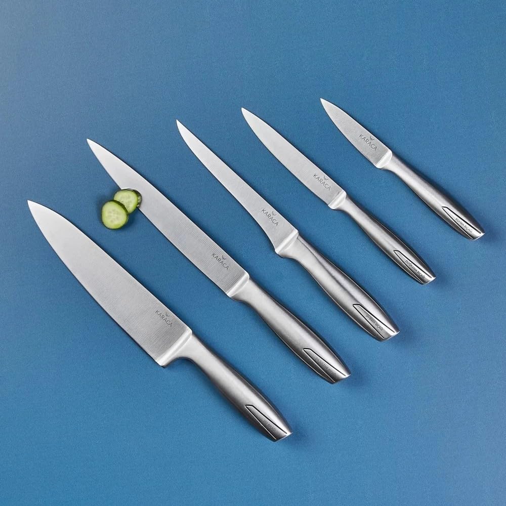Karaca Venüs - Messerblock mit Messer 6-teiliges Set, Messerset Scharf im Glass-block, Edelstahl Küchenmesser, Brotmesser, Kochmesser Set