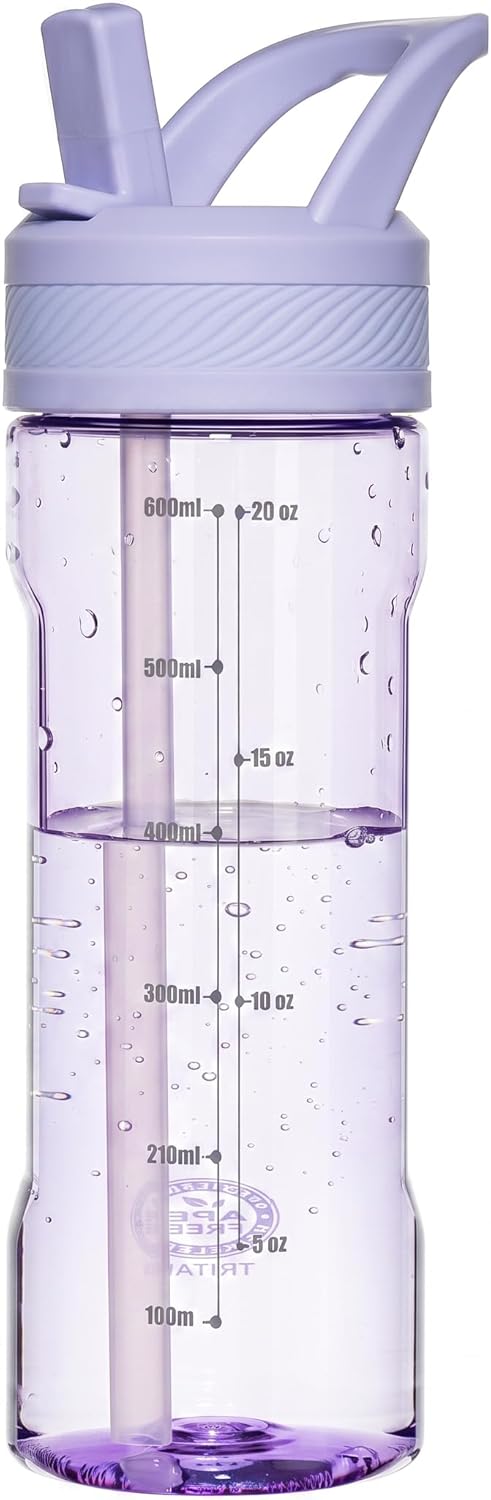 OLDLEY 20oz Kids Water Bottle with Straw, BPA-Free Tritan Water Bottle for School, Leakproof Clear Water Bottle with One Click Open, Measurement Scale, Cup Holder Friendly for Boys Girls,Purple