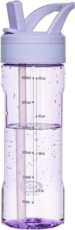 OLDLEY 20oz Kids Water Bottle with Straw, BPA-Free Tritan Water Bottle for School, Leakproof Clear Water Bottle with One Click Open, Measurement Scale, Cup Holder Friendly for Boys Girls,Purple
