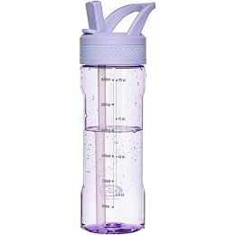 OLDLEY 20oz Kids Water Bottle with Straw, BPA-Free Tritan Water Bottle for School, Leakproof Clear Water Bottle with One Click Open, Measurement Scale, Cup Holder Friendly for Boys Girls,Purple