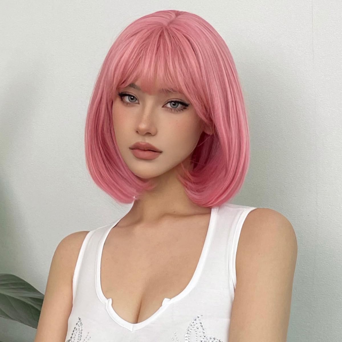 Wig for Women Wig with Bangs Short Straight Bob Wig Synthetic Wigs Cosplay Party Wig with Wig Cap (Pink, 12 inch) 12 inch Pink