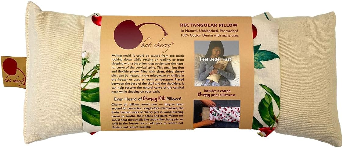 Cervical/Rectangular Pillow, Natural Denim, w/Cherry case Cherry Pit-Stone, Hot/Cold, Moist Heat Pack, Pain Relief, Microwavable-Washable