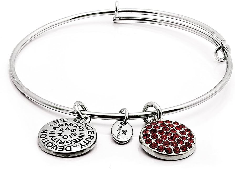 Chrysalis July birthstone - Ruby Crystal charm and rhodium plate expandable bangle. Ruby symbolises integrity, devotion and sincerity