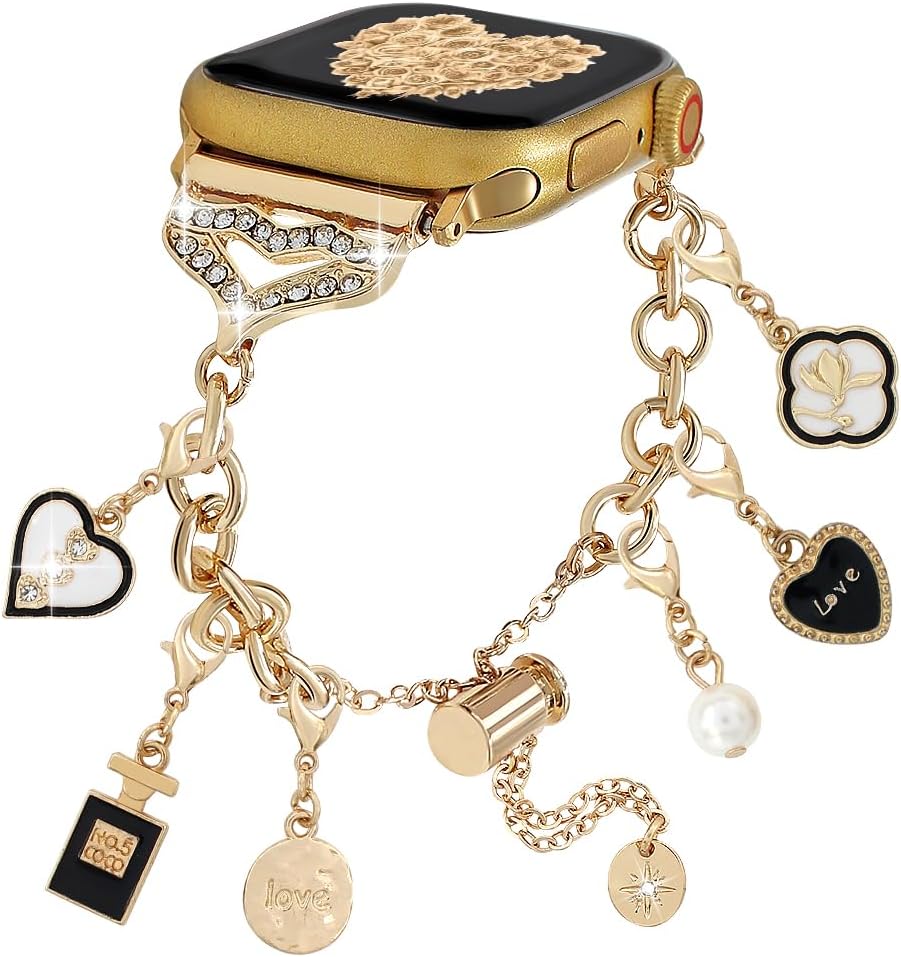 Metal Bands Compatible with Apple Watch 38 40 41 42 44 45 46 49mm Women,Wristband with Interchangeable Pendants Bling Charms Bracelet for iWatch Series 10 9 8 7 6 5 4-1 Ultra 2 SE