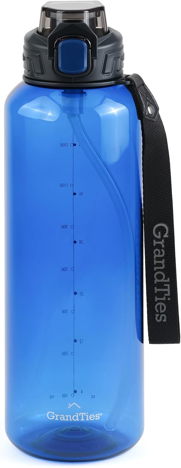 GRANDTIES Sports Tritan Plastic Water Bottle with Straw, Removable – Leakproof BPA Free Dishwasher Safe Travel Water Bottle with Strap for Gym, Outdoor, Fitness (Navy, 52oz (1.5L))