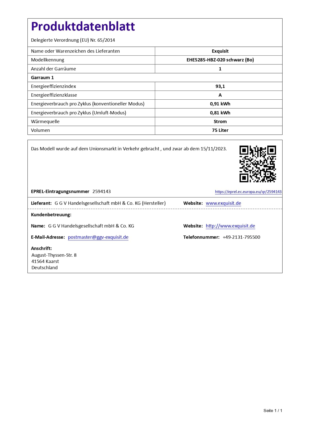 Exquisit Einbauherd mit Glaskeramikkochfeld 75L 9800W Energieklasse A EHE5285-HBZ-020