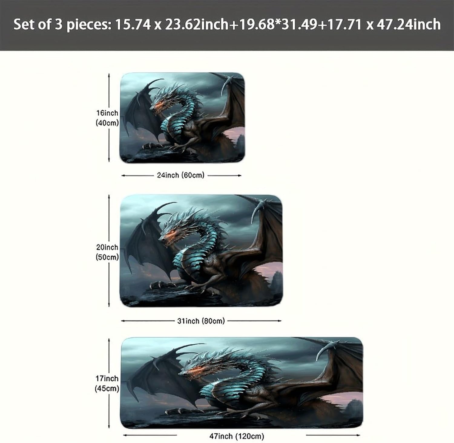 Cool Dragon Kitchen Mats Soft Absorbent Rugs for Floor Non Slip Washable Kitchen Mats Fashion Rectangular Rugs for Three-Piece Set for Laundry Office Home Sink