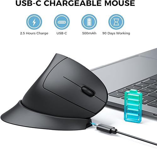 Miniatura 4 de iClever Ratón ergonómico, mouse vertical inalámbrico de 2.4G, clic silencioso, 7 botones, USB-C recargable, 4 DPI 800120016002400 con 3