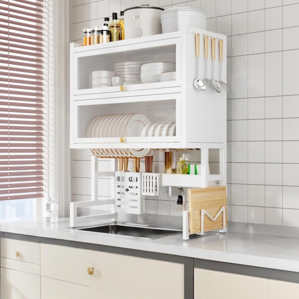 Dish Rack, Drainage Rack, Double Layer Design, Dustproof, Durable, High Capacity, Easy Assembly, Space Saving, Perfect for Home Kitchen (White, Length 25.6 inches (65 cm) white 長さ65CM