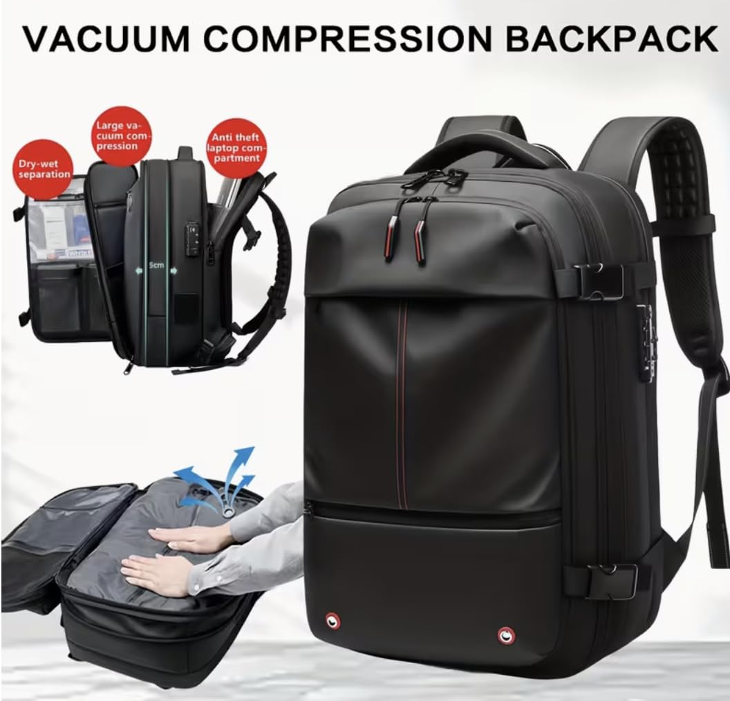Sac à dos de voyage à compression sous vide avec serrure à combinaison, compartiment pour ordinateur portable de 17 pouces et manchon de chariot - Sac à dos robuste de haute qualité pour la randonnée