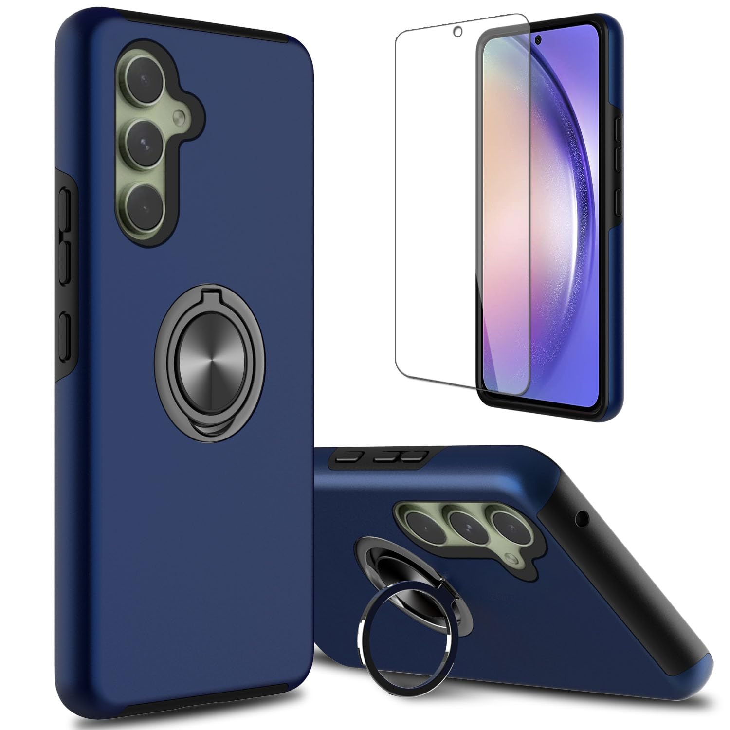 lovpec for Samsung Galaxy A54 5G Case with Screen Protector, Ring Holder Kickstand Drop Proof Protective Slim Dual Layer Stand Non-Slip Cell Phone Case for Galaxy A54 5G (Navy Blue)