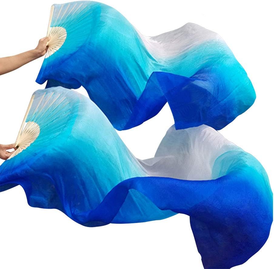 1 Pair(Left+Right) Women Real Silk Belly Dance Fan Veil, Length 180cm Width 90cm
