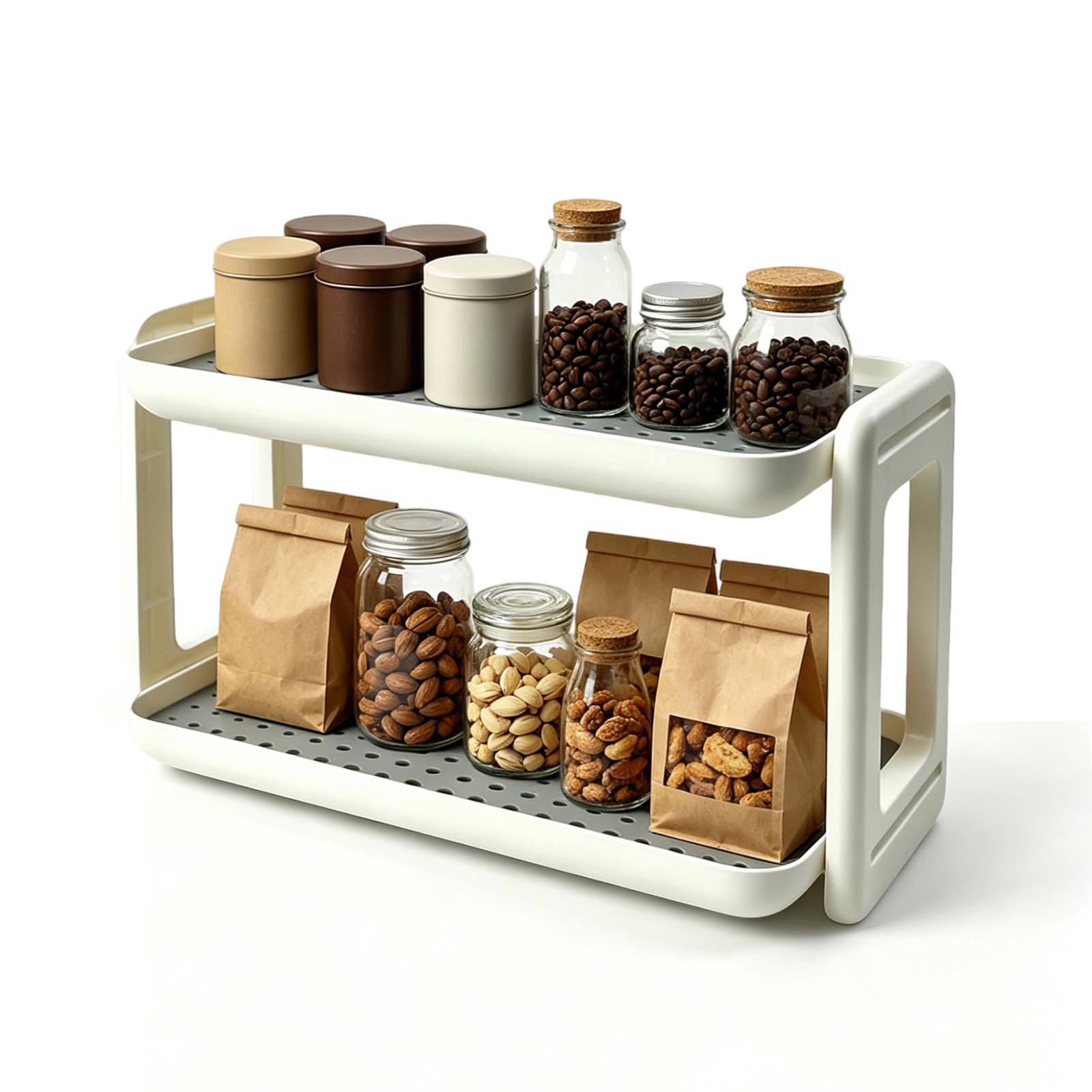 Porta Spezie per Cucina, Portaspezie Salvaspazio Cucina 2 Livelli in Plastica con Vaschetta Scolagocce, Portaspezie da Appoggio per Cucina Bagno Camera da Letto, Contenitore per Spezie e Tazze, Bianco