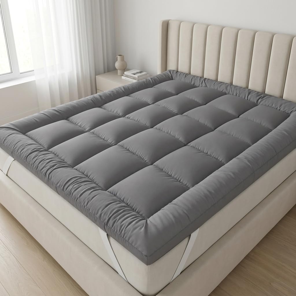 Mattress Topper Double Bed 10cm Extra Thick Super Soft Fluffy Bounce Back Heavy Fill 4 Inches Box Stitched Quilted Breathable Machine Washable Double Mattress Pad Strong Corner Elastic Straps