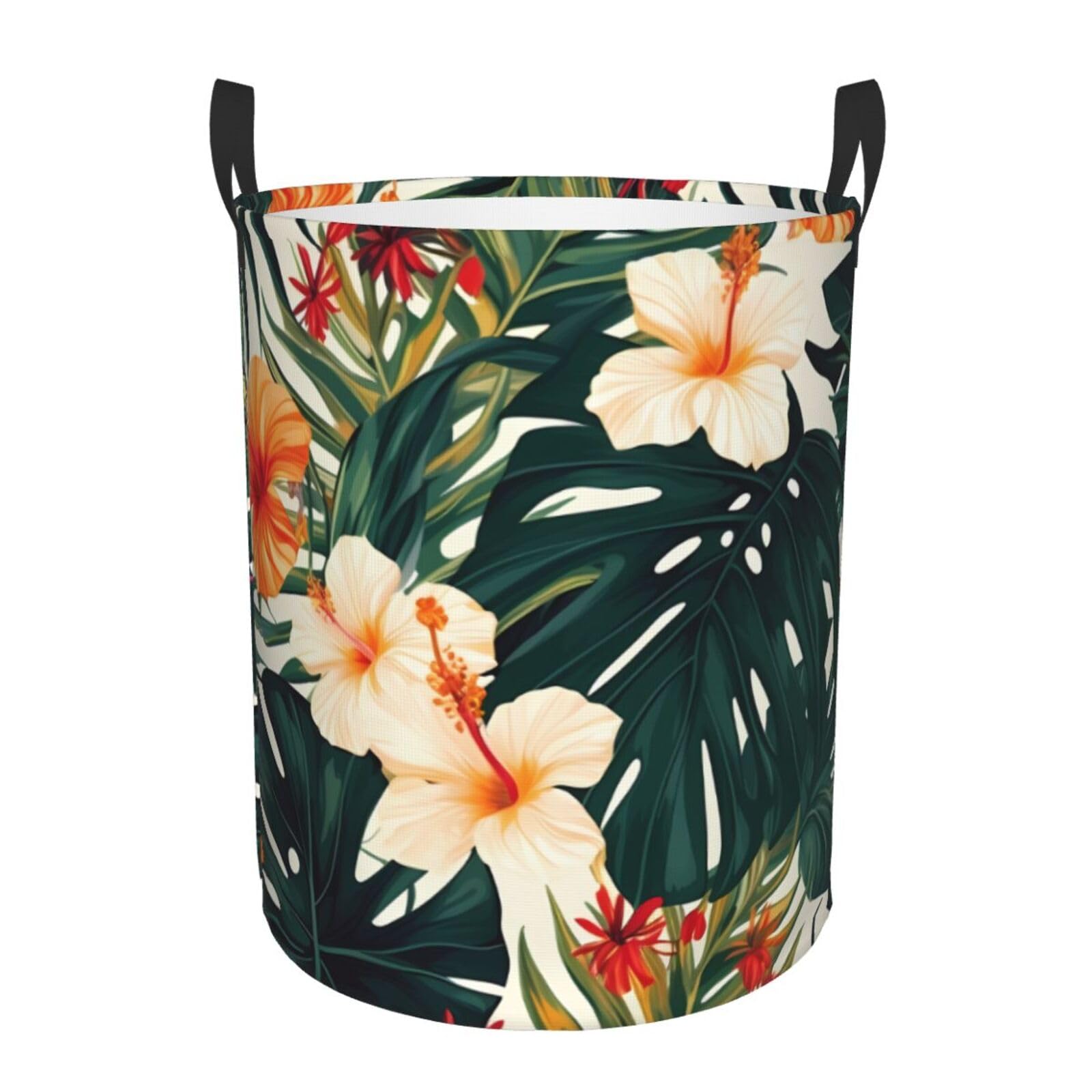 Aorom Black Tropical Summer Hawaiian Flower Palm Leaves Printed Laundry Hamper,Round Laundry Basket,Clothes Hamper With Handle,Collapsible Waterproof For Bedroom