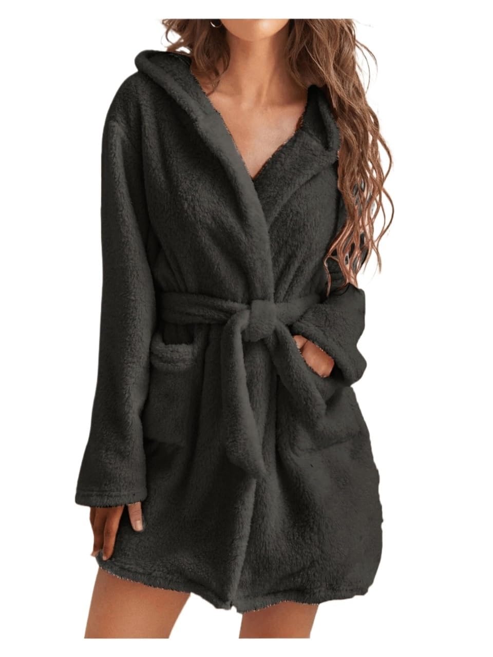 Bata con capucha mujer pijama forro polar cinturón ropa de casa otoño invierno 6