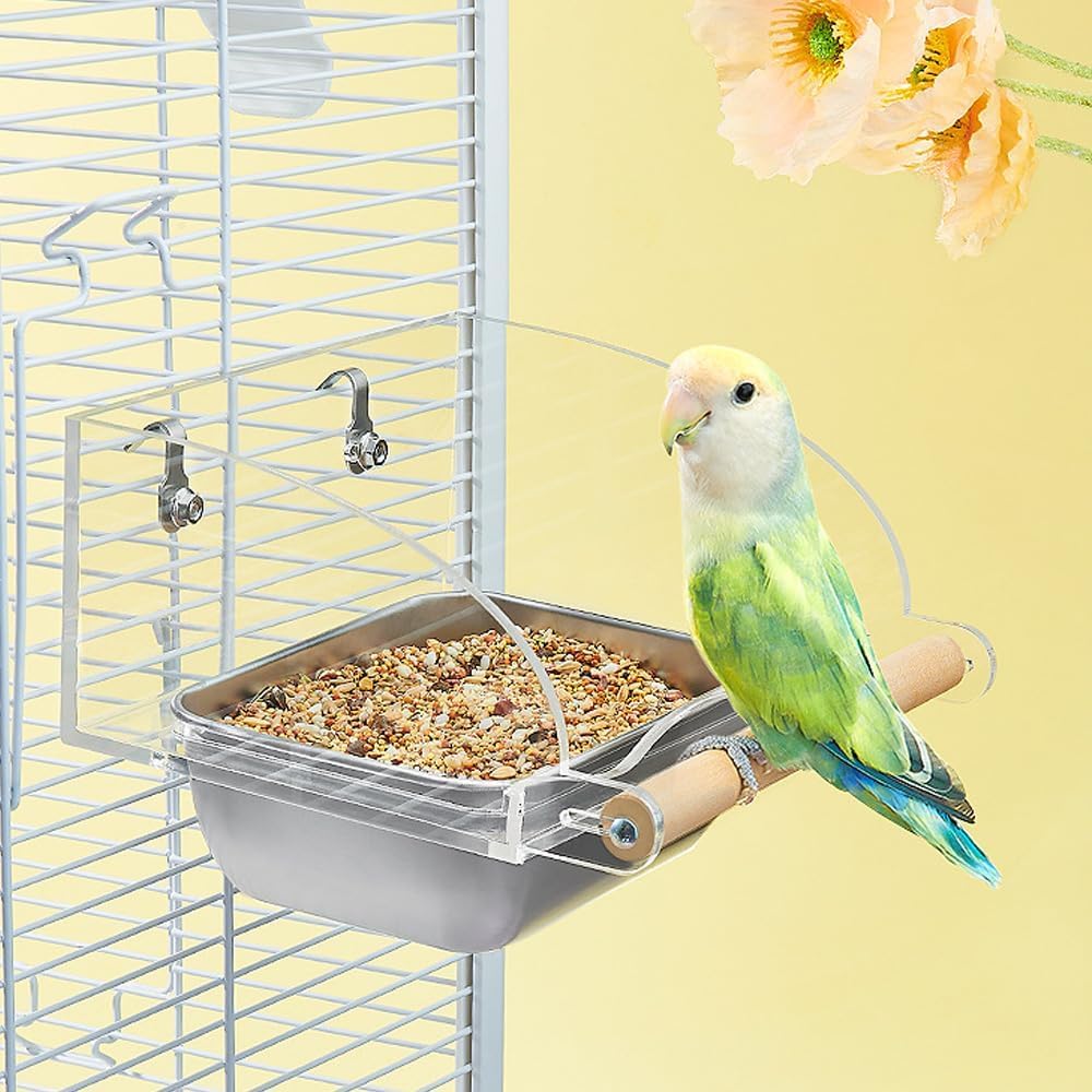 Bird Cage Seed Catcher Feeder with Perch and Anti-Slip Stand, Parrot Food Bowl for Medium Birds, Conures, Caiques, Small Cockatoos (L)