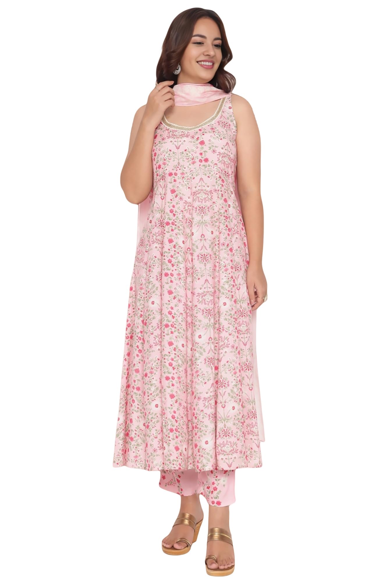 w for woman Rose Pink Printed Shantung Flared Kurta, Parallel Pant and Dupatta Set-picture-11