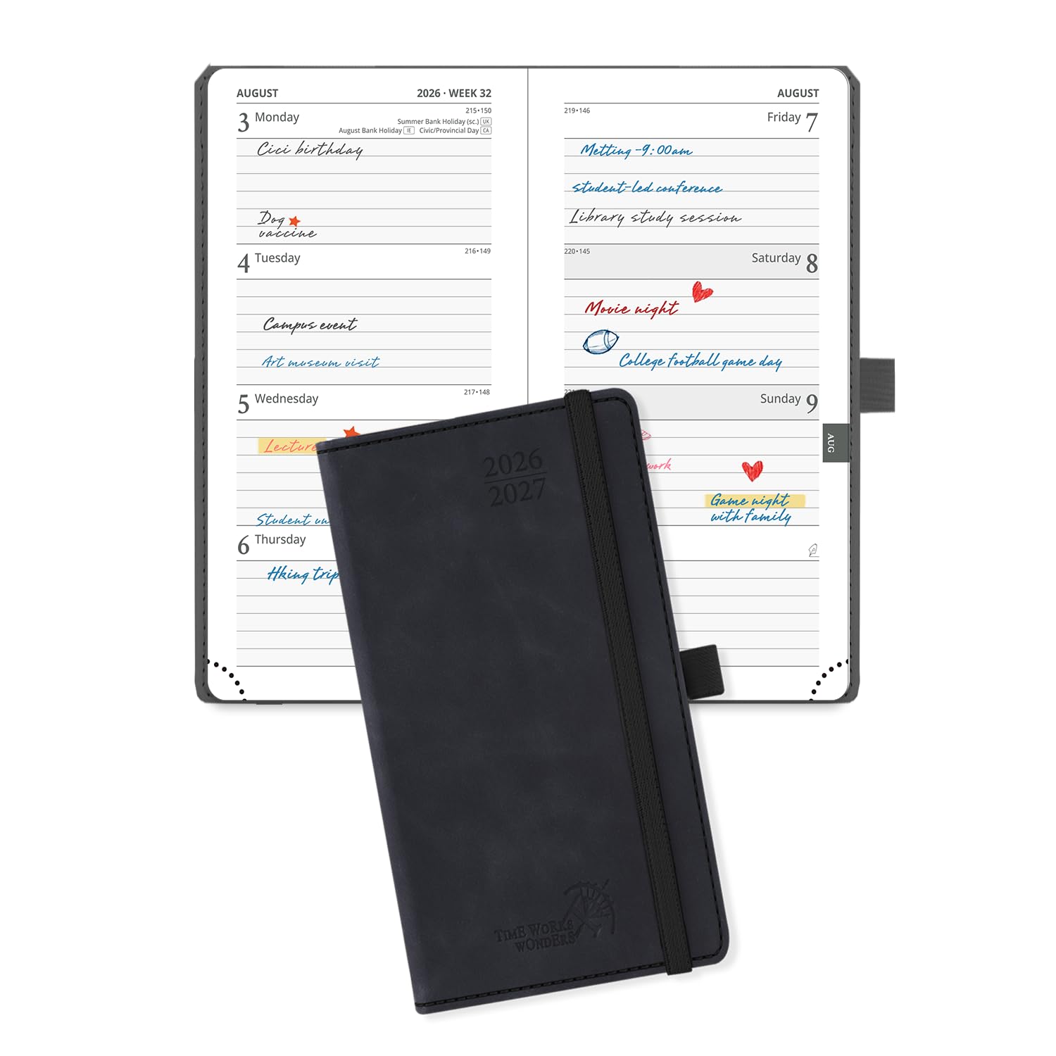 POPRUN 2026-2027 Academic Pocket Diary Week to View Slim (16.5x9 cm) 17 Months (Aug'26 - Dec'27) Small Hard Cover 26/27 Mid Year Weekly Planner for Bag(Black) — image 1