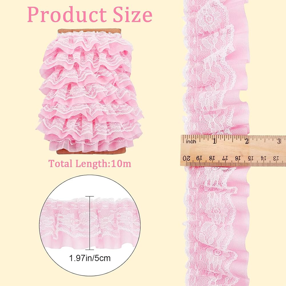 GORGECRAFT 11 Yards Pink Double-Layer Pleated Chiffon Lace Trim 5cm Wide 2-Layer Gathered Ruffle Trim Edging Tulle Trimmings Fabric Ribbon Jacquard lace for DIY Sewing Crafts Pillowcase Embellishments