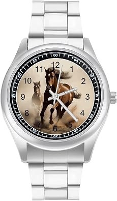 Watch Big Face Dress Watches Stainless Steel Unisex Wristwatch | Horse Running, Men Casual Analog Watches, Easy to Read, Silver Business Fashion Wrist Watches, Birthday Gifts