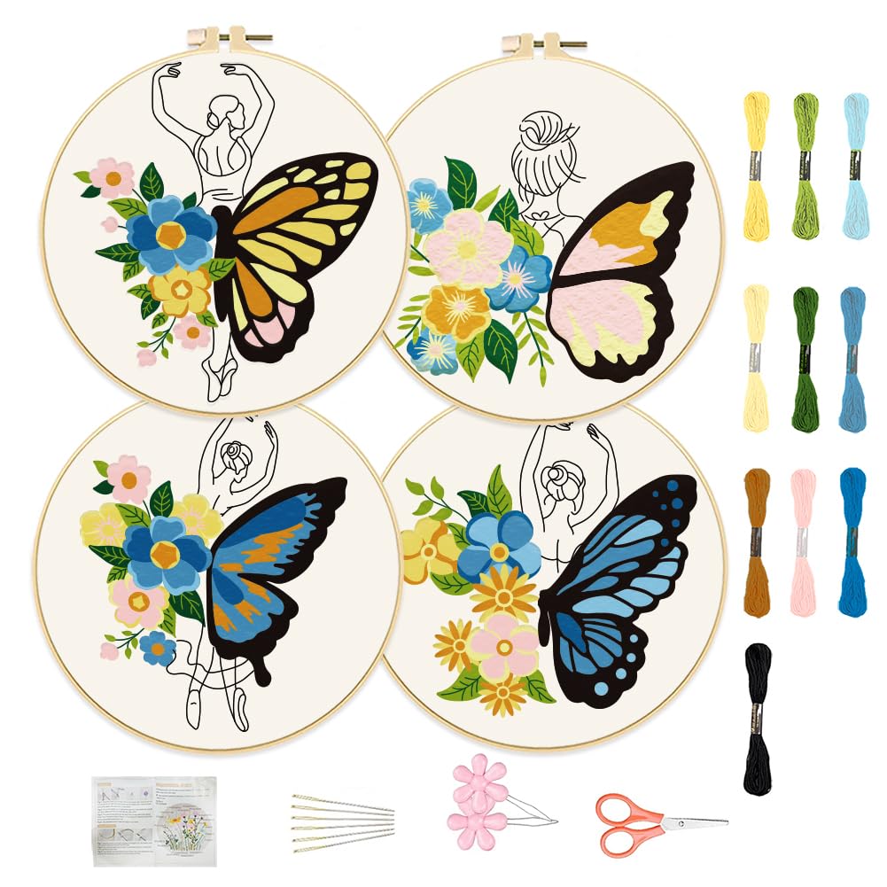 FREEBLOSS 4 Set 12'' Embroidery Kit for Beginners Embroidery Set Ballet Girl with Flower&Butterfly Patterns Embroidery Starter Kit with Instructions Include Embroidery Hoops for Hanging Wall Art