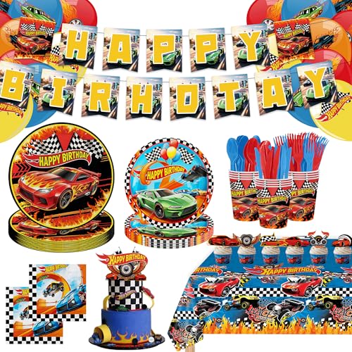 175 PCS Race Car Plates Napkins Birthday Party Supplies Paper Cup Disposable Tablecloth Balloons Banner Cake Topper Cupcake Decor Dinnerware Sets Race Car Themed Birthday Decorations Serve 20 Guests