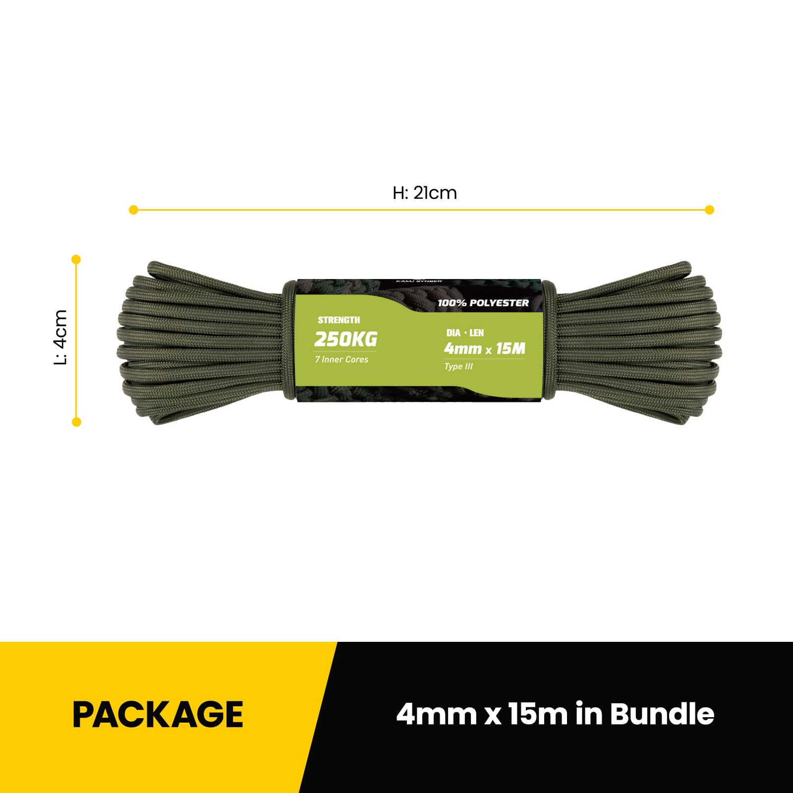 Kamu Synber Paracord 550 Tipo III 4mm 15m 7 Hebras 100% Poliéster Cuerda para Camping, Supervivencia, Correa de Perro, Collar, Pulsera | Soporta 250kg | Ejercito Verde — view 2