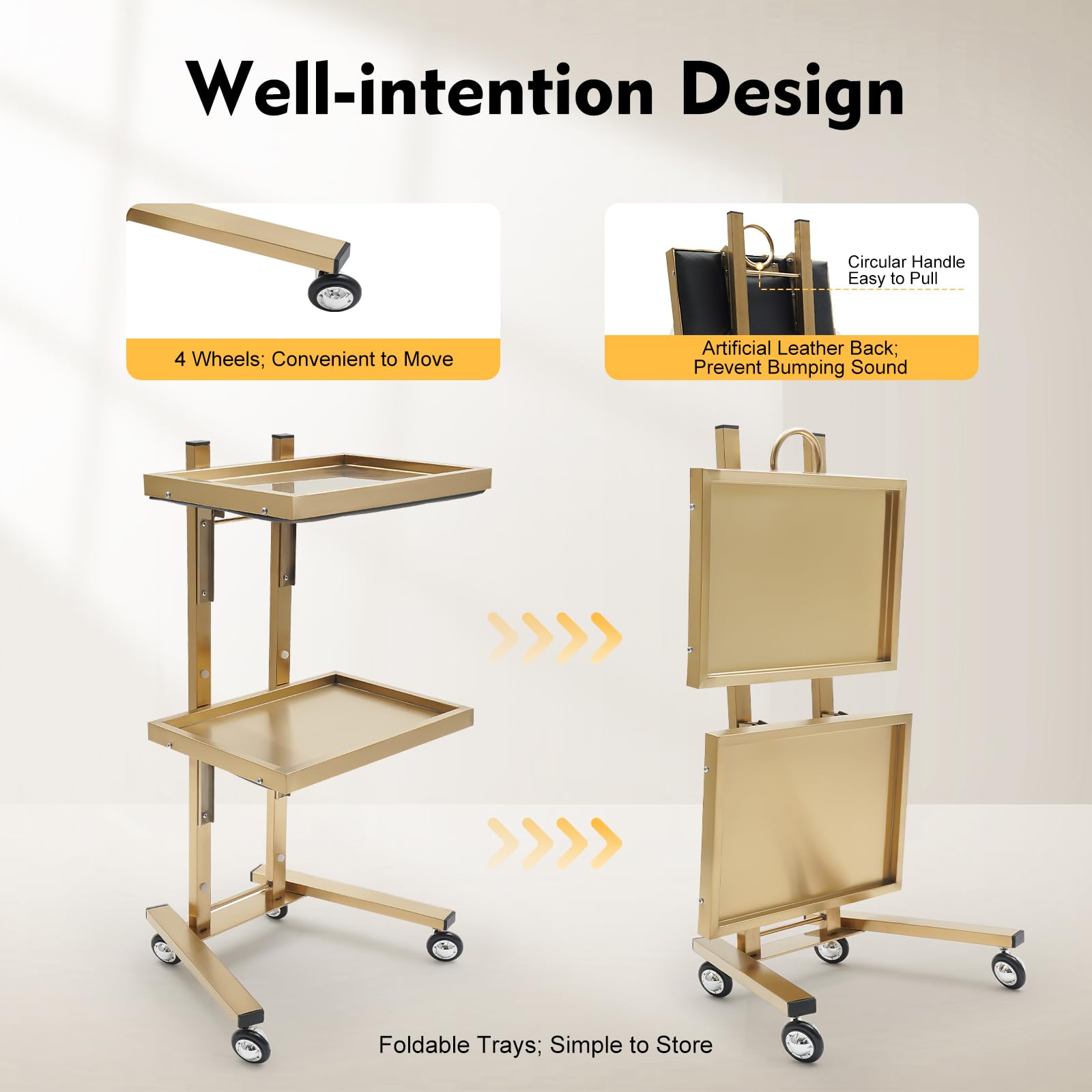 OUKANING Friseurwagen Gold 2 Etagen, Edelstahl mit Rollen, Hairstyling Trolley Standwagen, klappbar
