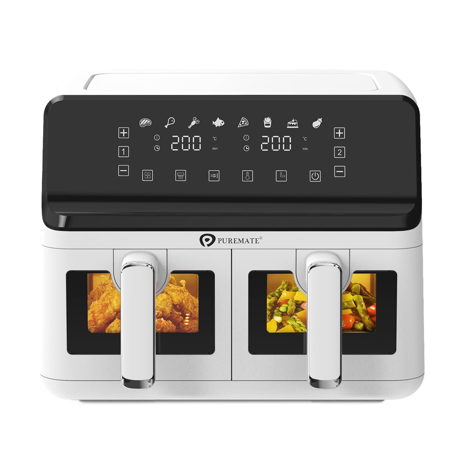 PureMate 9L Dual Air Fryer with Digital Display, Healthy Oil Free 2500W Air Fryer with 8 Preset, LED One Touch Screen, Timer & Adjustable Temperature Control (9L(4.5L+4.5L) Dual Basket) White - 9l Dual Basket