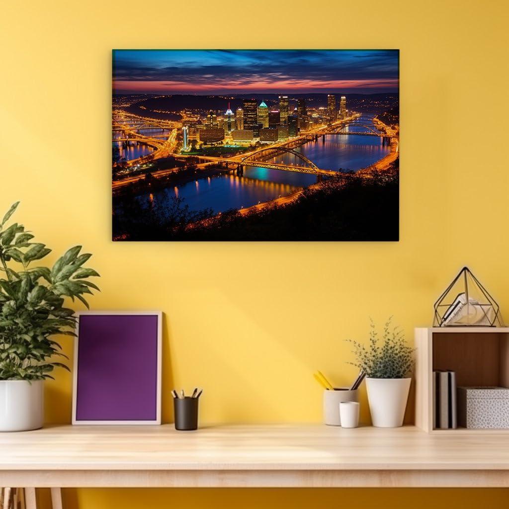Canvas for Living room. Pittsburgh After Dark: A Tapestry of Light and Reflection, 27 x 18 inch Canvas Wall Art - Contemporary Masterpieces - Modern Home Decor