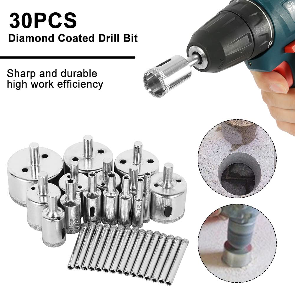 Juego de brocas con revestimiento de diamante de 30 piezas, brocas de sierra de cerámica de vidrio de mármol para azulejos para herramientas eléctricas, broca de perforación de mármol de 6 mm-50 mm,